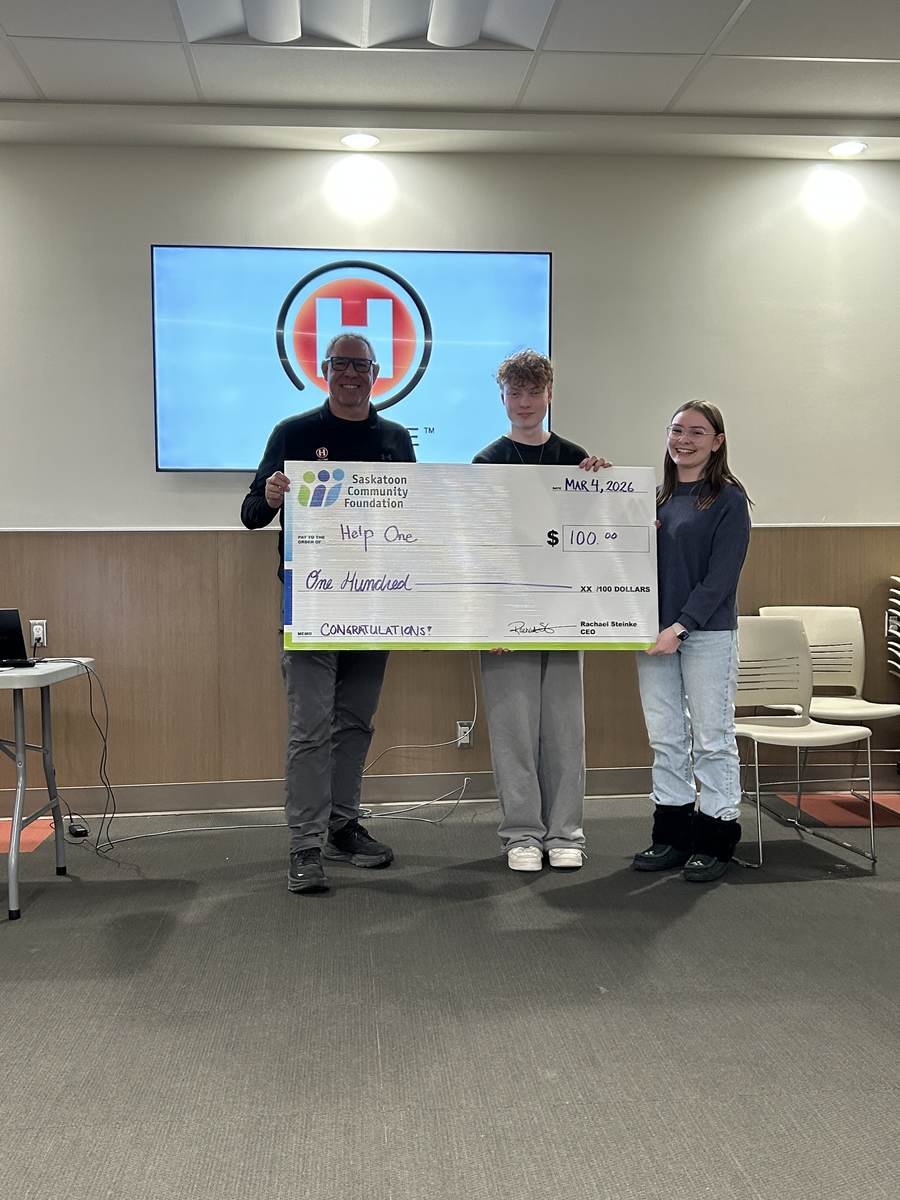 Saskatoon Community Foundation bonus cheque to Help One, $100