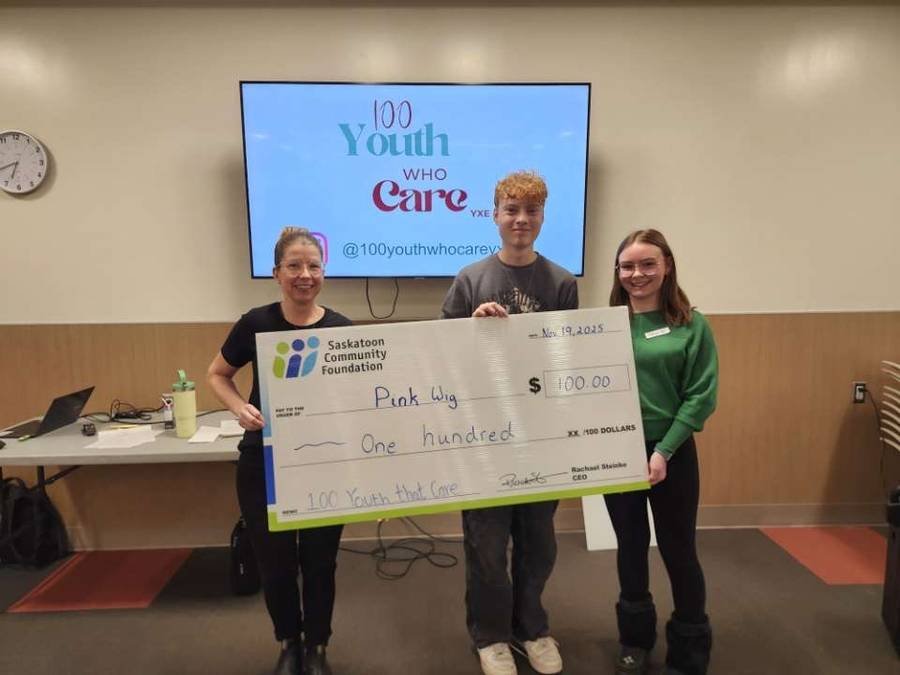 Saskatoon Community Foundation bonus cheque to The Pink Wig Foundation, $100