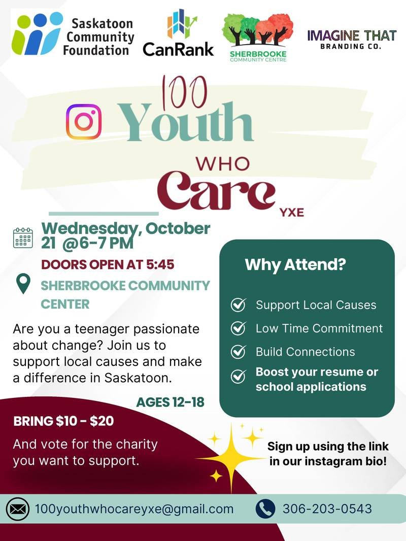 100 Youth Who Care YXE event poster for Wednesday October 21, 6 to 7 PM at Sherbrooke Community Centre